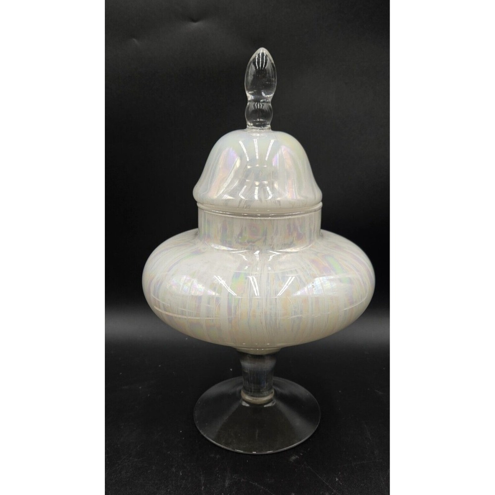Vintage Opalescent Iridescent Glass Pedestal Apothecary Jar Candy Dish with Lid